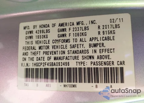 2011 Honda Accord 2.4 Lx-P from USA, damaged, VIN 1HGCP2F45BA093496